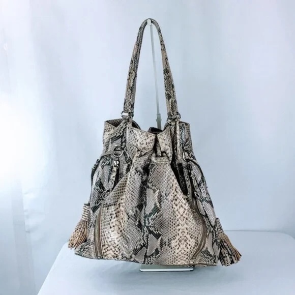 Cole Haan Hobo Bag Large Leather Snakeskin Embossed Tassel Drawcord Close - Picture 4 of 11